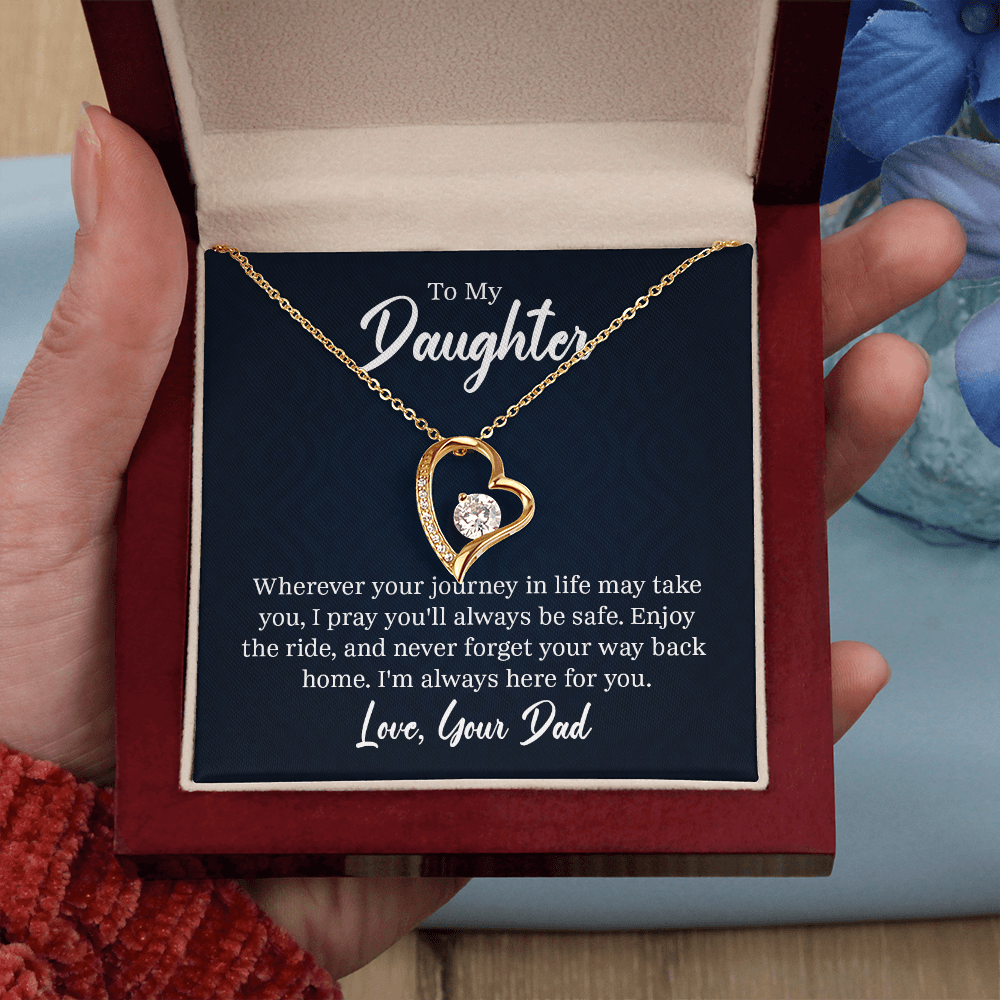“Forever Love Necklace with heart‑shaped pendant and center stone displayed in gift box with ‘To My Daughter’ message card from Dad.”