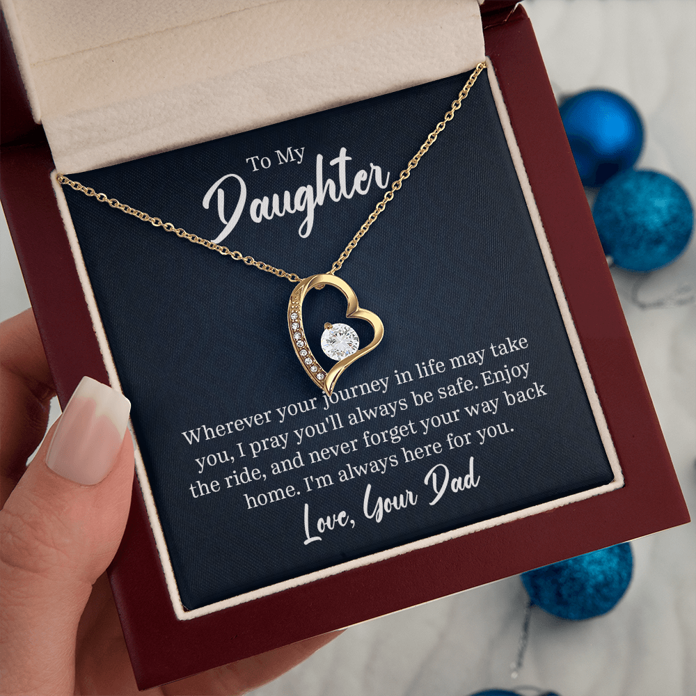 “Forever Love Necklace with heart‑shaped pendant and center stone displayed in gift box with ‘To My Daughter’ message card from Dad.”