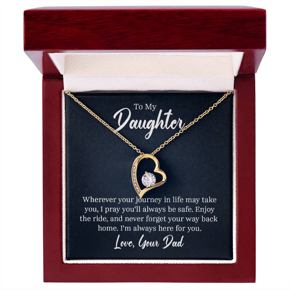 “Forever Love Necklace with heart‑shaped pendant and center stone displayed in gift box with ‘To My Daughter’ message card from Dad.”