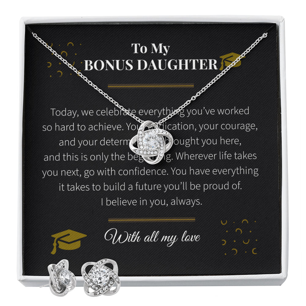 To My Bonus Daughter – Love Knot Necklace & Earring Set | Graduation Gift of Love, Pride & Encouragement