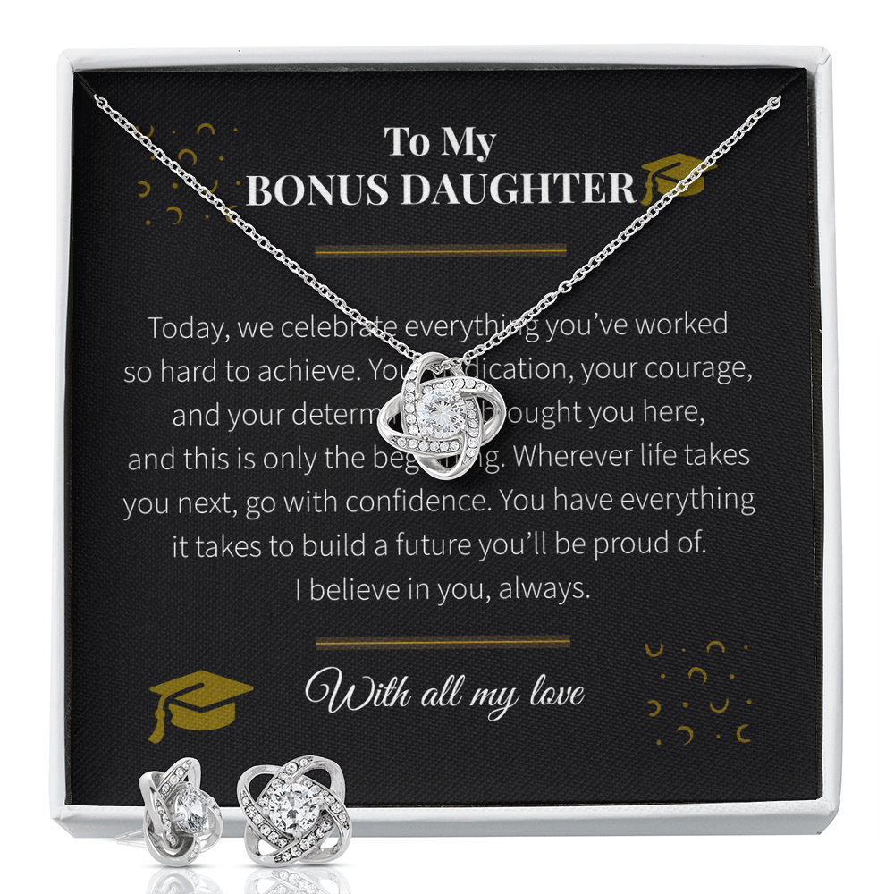 To My Bonus Daughter – Love Knot Necklace & Earring Set | Graduation Gift of Love, Pride & Encouragement