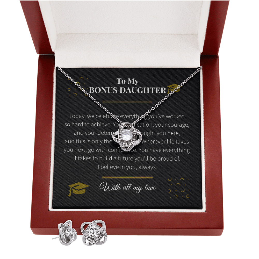 To My Bonus Daughter – Love Knot Necklace & Earring Set | Graduation Gift of Love, Pride & Encouragement