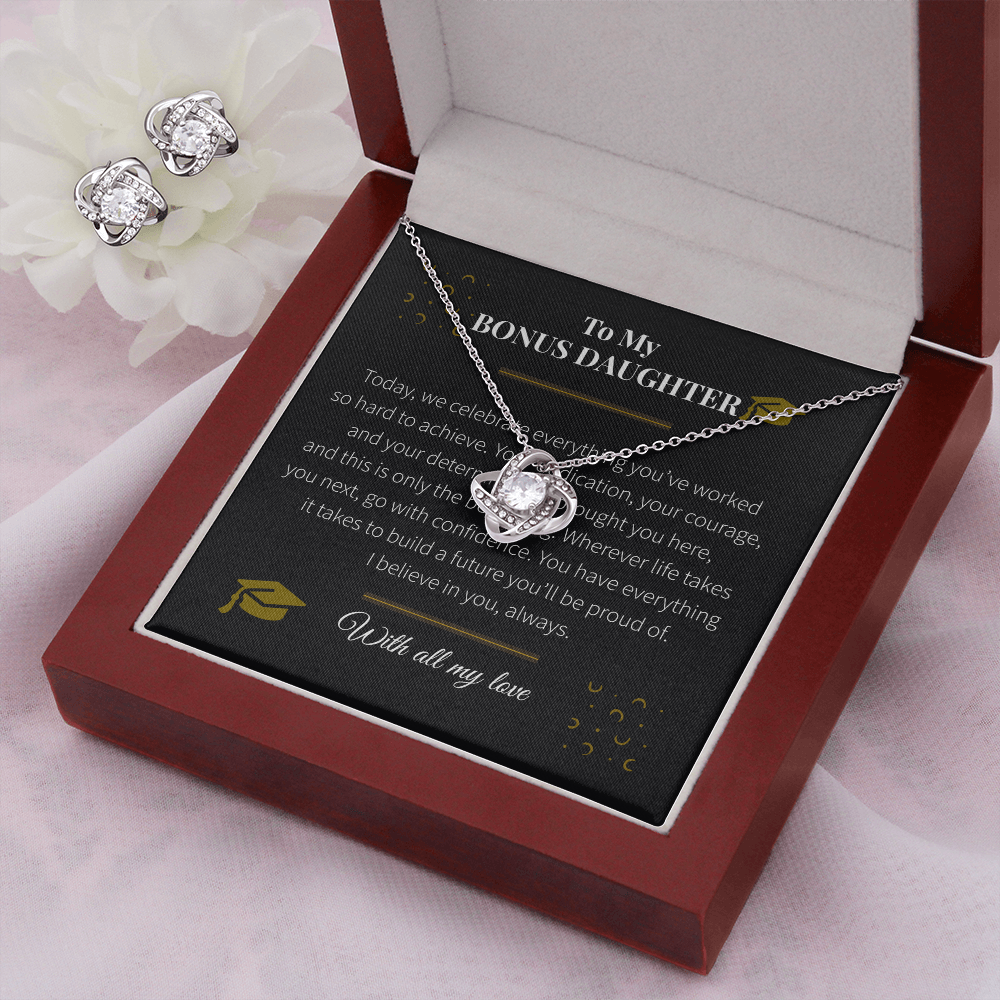 To My Bonus Daughter – Love Knot Necklace & Earring Set | Graduation Gift of Love, Pride & Encouragement