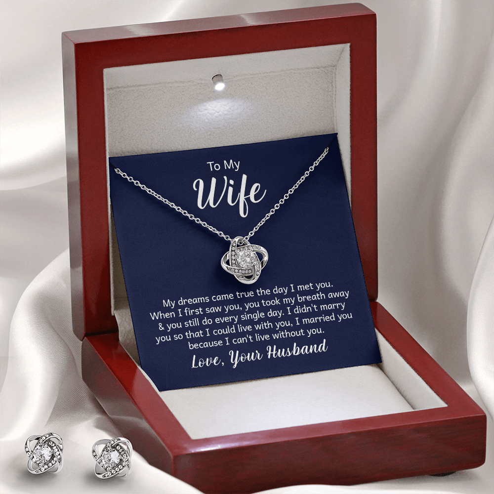 Love knot necklace with matching earrings in white gold finish
