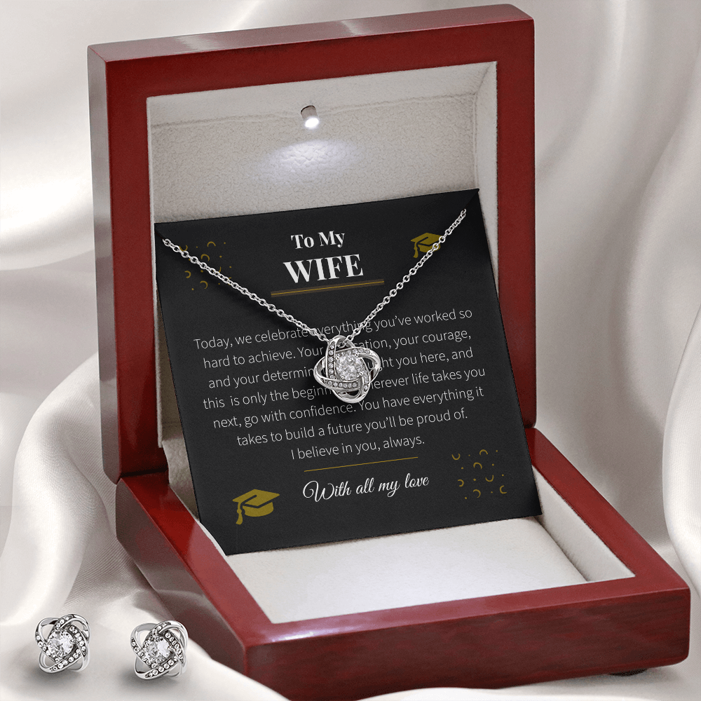 To My Wife – Love Knot Necklace & Earring Set | Graduation Gift of Love, Pride & Support