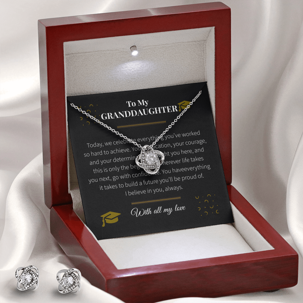 To My Granddaughter – Love Knot Necklace & Earring Set | Graduation Gift of Love, Pride & Inspiration