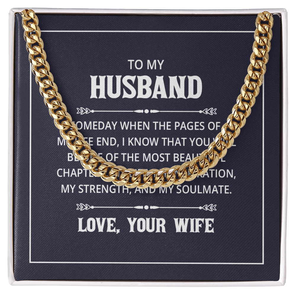 “Men’s silver Cuban link chain displayed in gift box with heartfelt ‘To My Husband’ message card from wife.”