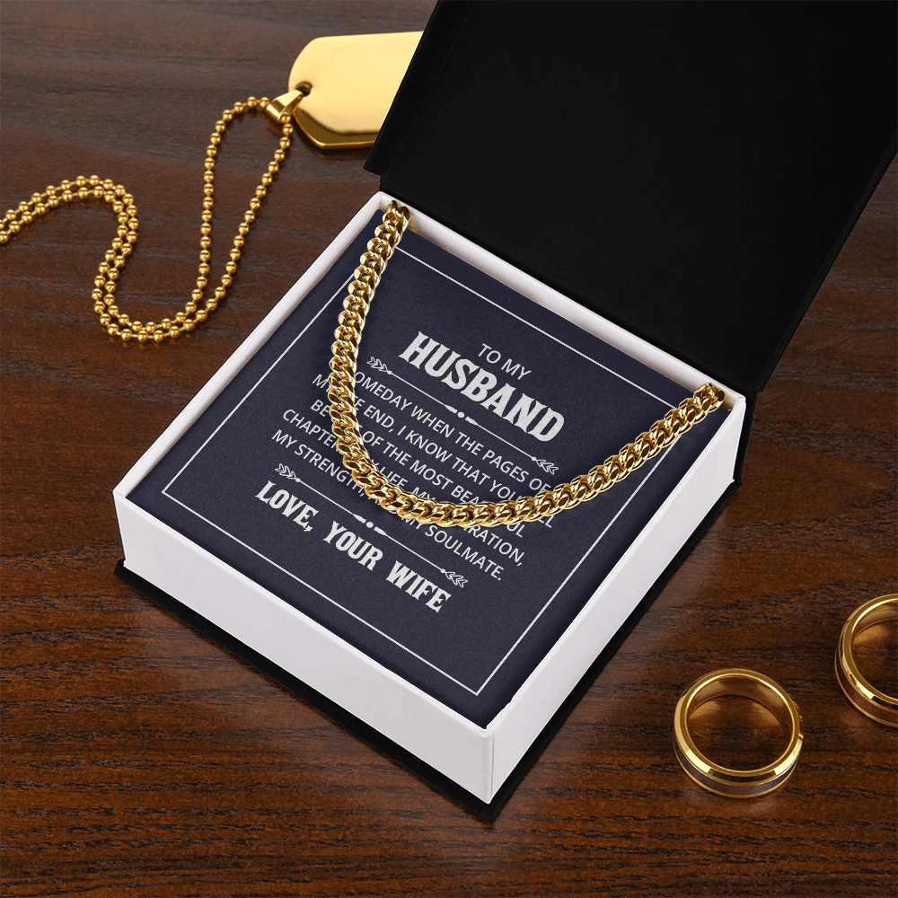 “Men’s silver Cuban link chain displayed in gift box with heartfelt ‘To My Husband’ message card from wife.”