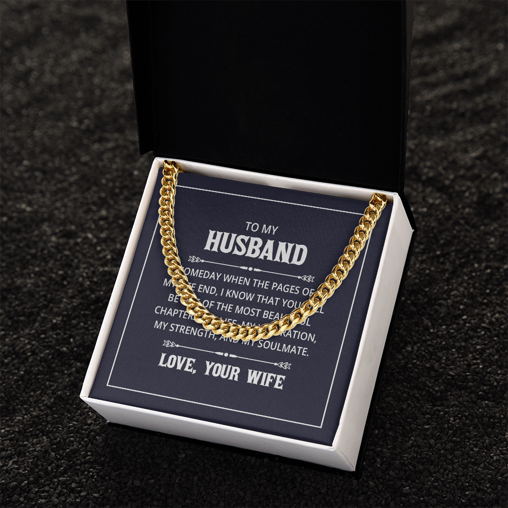 “Men’s silver Cuban link chain displayed in gift box with heartfelt ‘To My Husband’ message card from wife.”