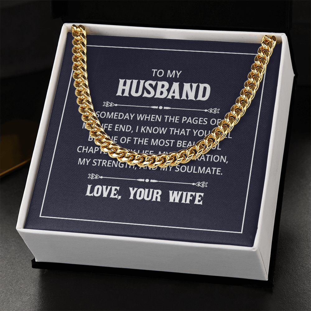 “Men’s silver Cuban link chain displayed in gift box with heartfelt ‘To My Husband’ message card from wife.”