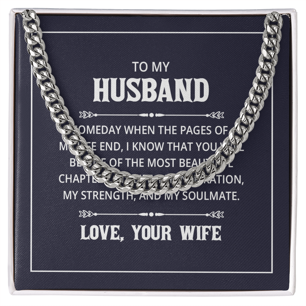 “Men’s silver Cuban link chain displayed in gift box with heartfelt ‘To My Husband’ message card from wife.”