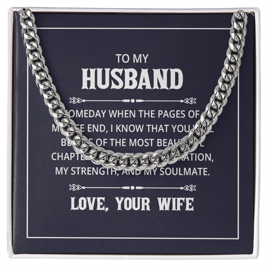 “Men’s silver Cuban link chain displayed in gift box with heartfelt ‘To My Husband’ message card from wife.”