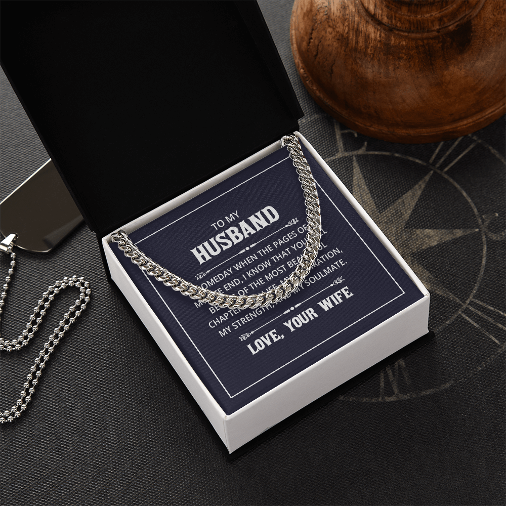 “Men’s silver Cuban link chain displayed in gift box with heartfelt ‘To My Husband’ message card from wife.”