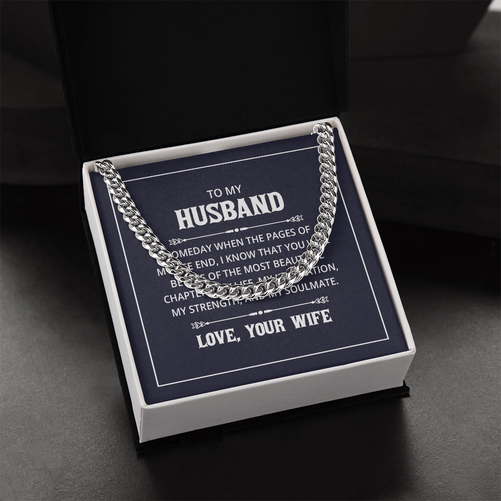 “Men’s silver Cuban link chain displayed in gift box with heartfelt ‘To My Husband’ message card from wife.”