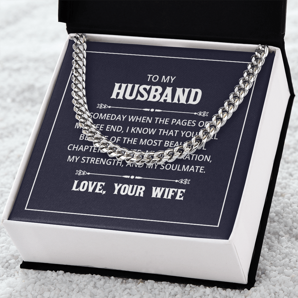 “Men’s silver Cuban link chain displayed in gift box with heartfelt ‘To My Husband’ message card from wife.”