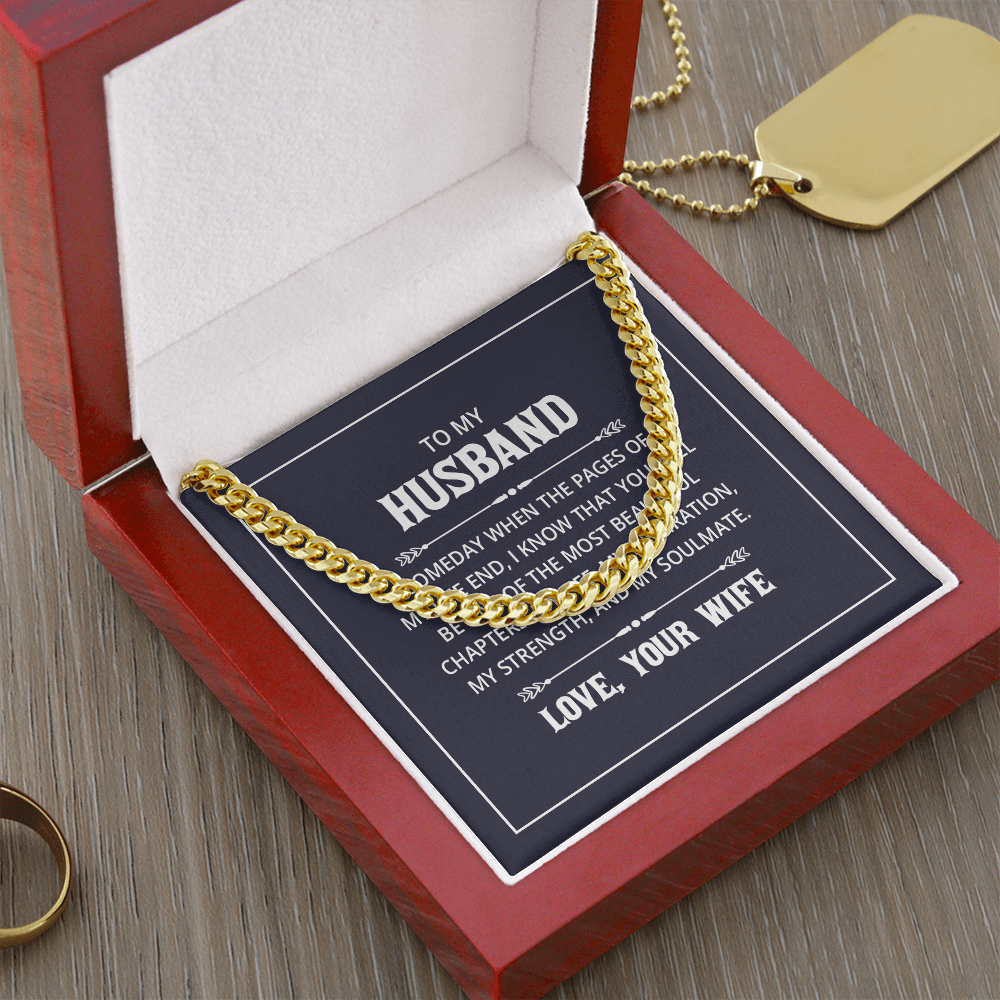 “Men’s silver Cuban link chain displayed in gift box with heartfelt ‘To My Husband’ message card from wife.”