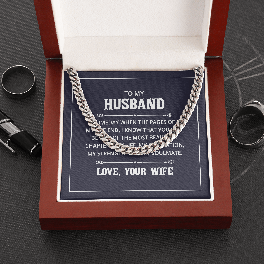 “Men’s silver Cuban link chain displayed in gift box with heartfelt ‘To My Husband’ message card from wife.”