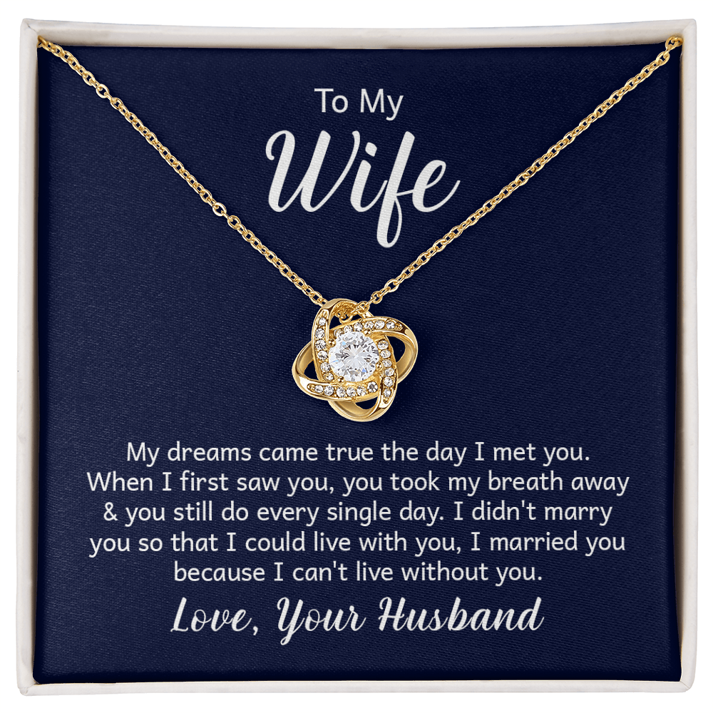 “Love Knot Necklace in gift box with romantic ‘To My Wife’ message from husband, featuring silver pendant with sparkling center stone.”