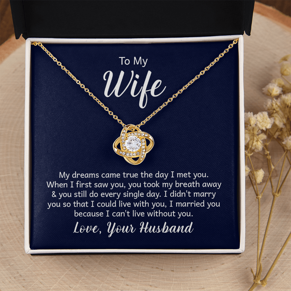 “Love Knot Necklace in gift box with romantic ‘To My Wife’ message from husband, featuring silver pendant with sparkling center stone.”