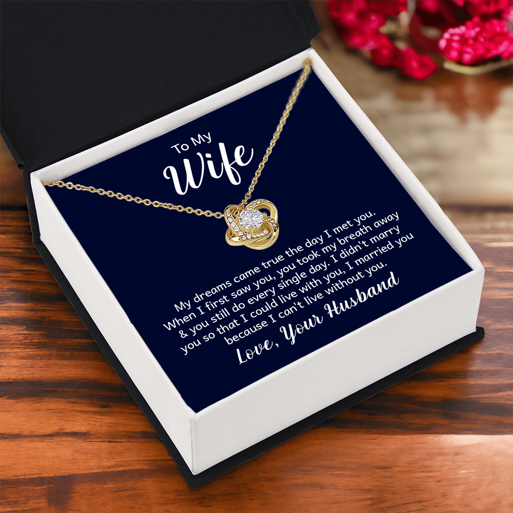 “Love Knot Necklace in gift box with romantic ‘To My Wife’ message from husband, featuring silver pendant with sparkling center stone.”