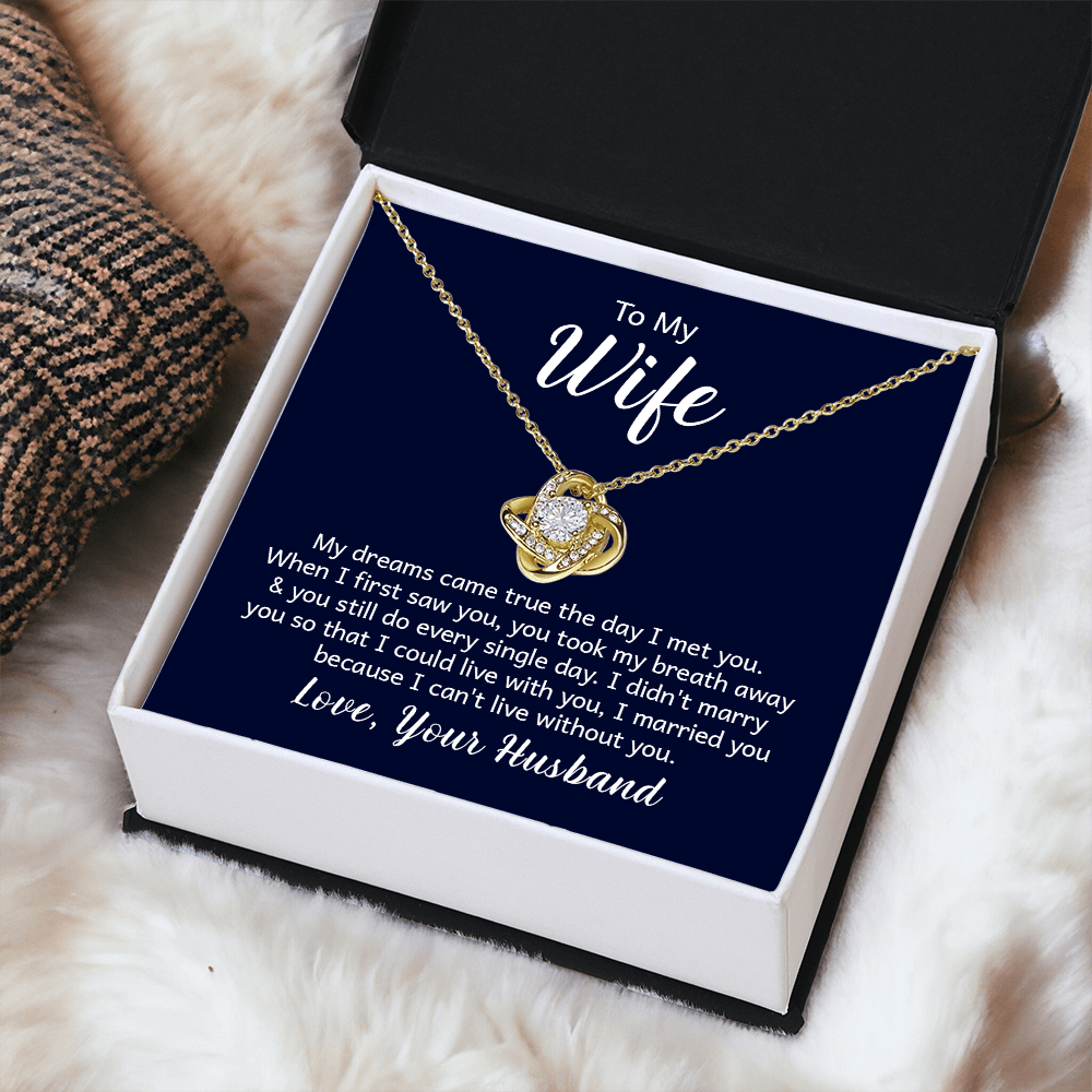 “Love Knot Necklace in gift box with romantic ‘To My Wife’ message from husband, featuring silver pendant with sparkling center stone.”