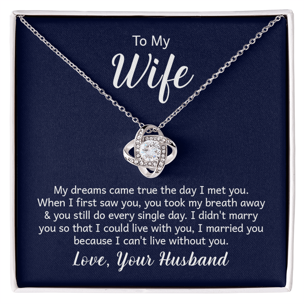 “Love Knot Necklace in gift box with romantic ‘To My Wife’ message from husband, featuring silver pendant with sparkling center stone.”