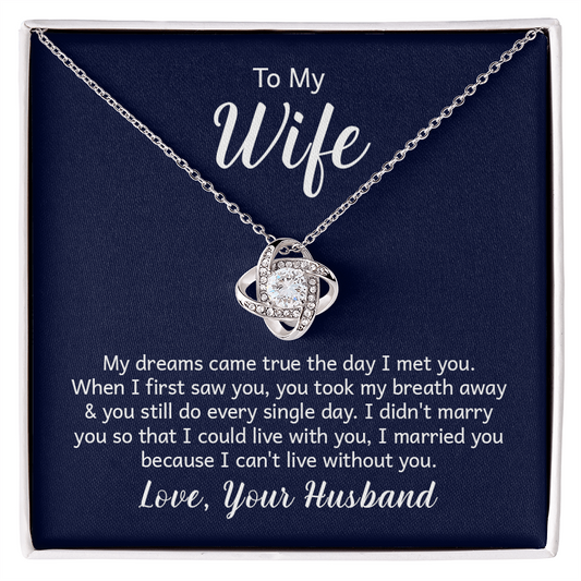 “Love Knot Necklace in gift box with romantic ‘To My Wife’ message from husband, featuring silver pendant with sparkling center stone.”
