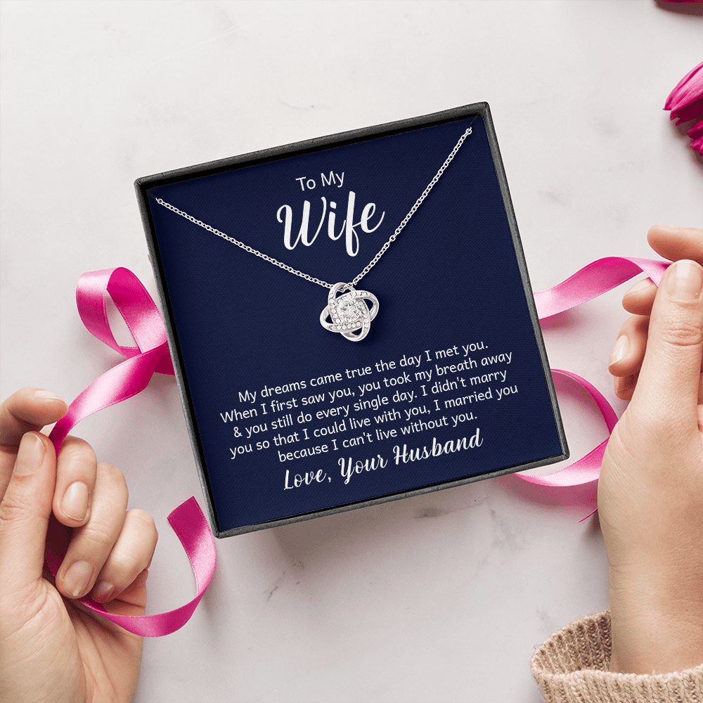 “Love Knot Necklace in gift box with romantic ‘To My Wife’ message from husband, featuring silver pendant with sparkling center stone.”