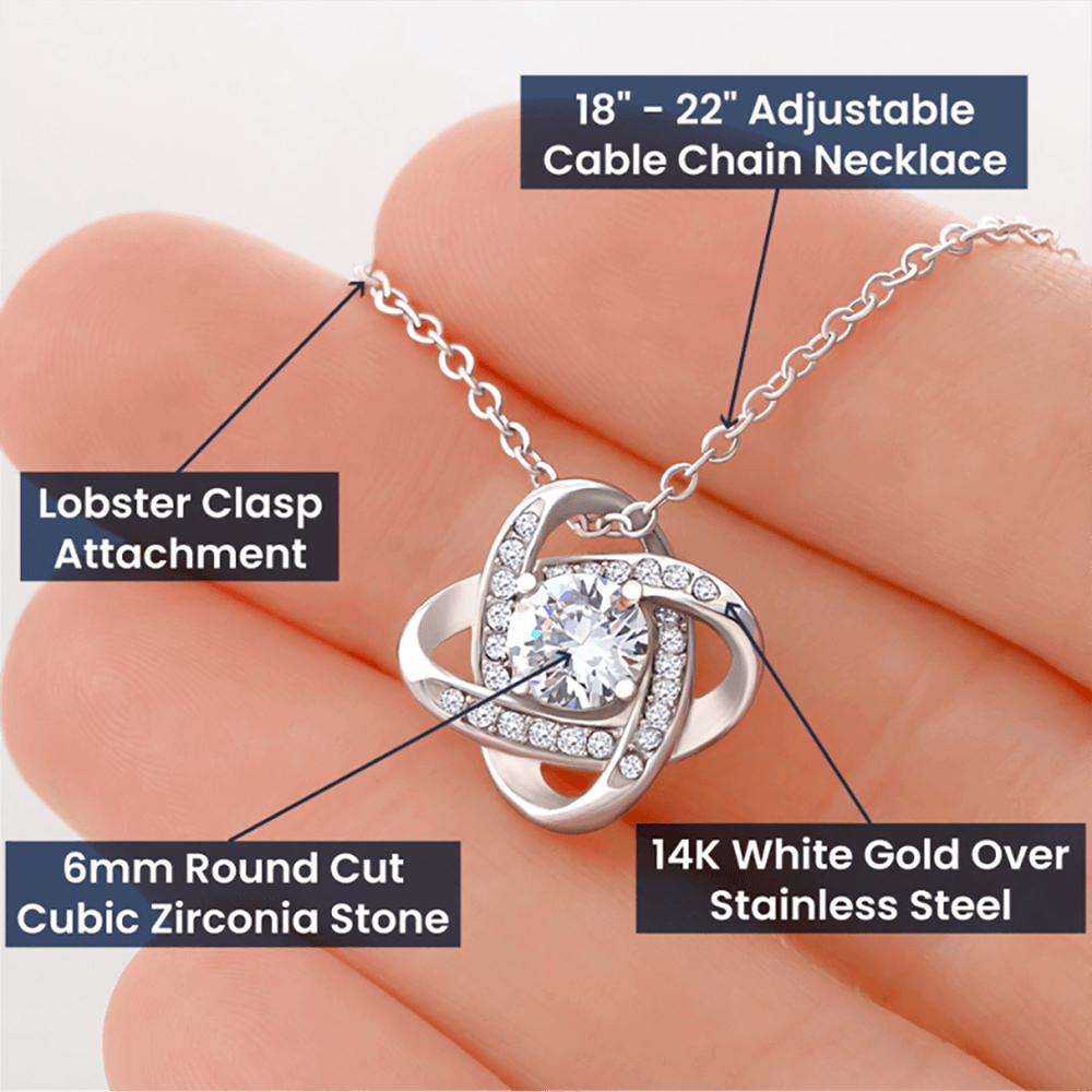 “Love Knot Necklace in gift box with romantic ‘To My Wife’ message from husband, featuring silver pendant with sparkling center stone.”