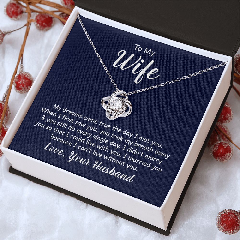 “Love Knot Necklace in gift box with romantic ‘To My Wife’ message from husband, featuring silver pendant with sparkling center stone.”