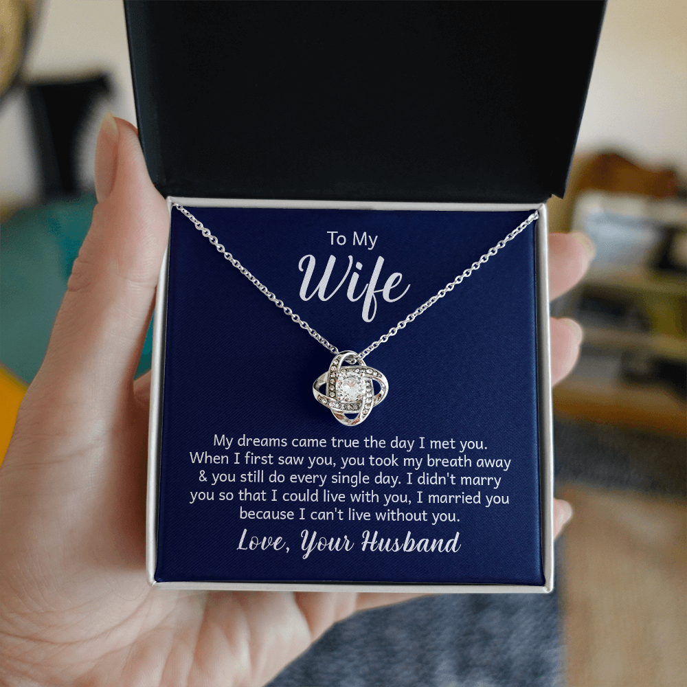 “Love Knot Necklace in gift box with romantic ‘To My Wife’ message from husband, featuring silver pendant with sparkling center stone.”