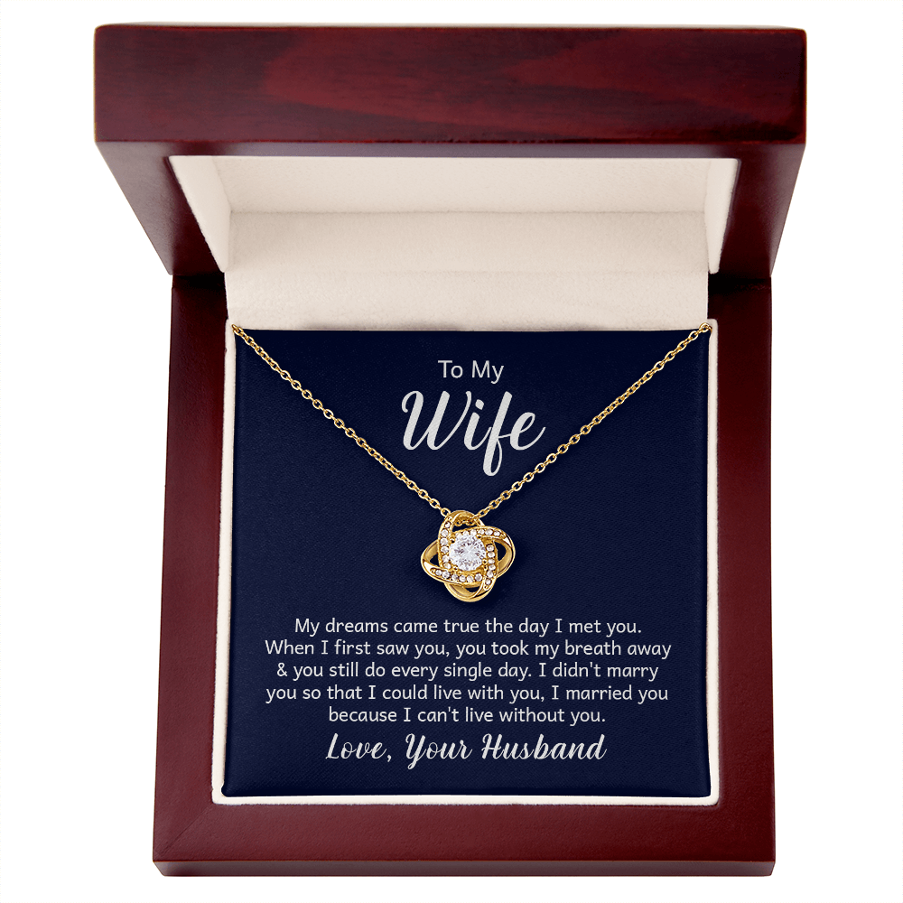 “Love Knot Necklace in gift box with romantic ‘To My Wife’ message from husband, featuring silver pendant with sparkling center stone.”