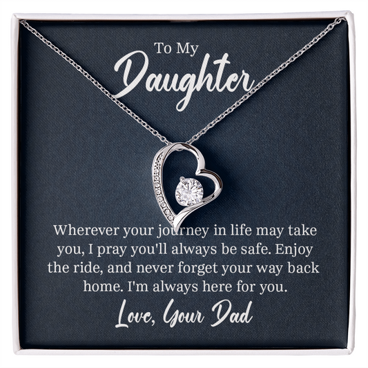 “Forever Love Necklace with heart‑shaped pendant and center stone displayed in gift box with ‘To My Daughter’ message card from Dad.”