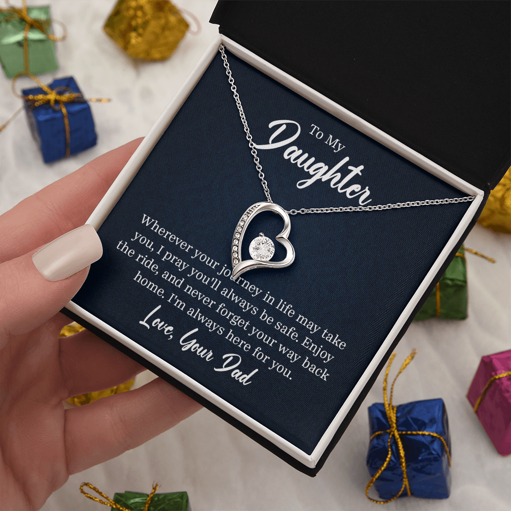“Forever Love Necklace with heart‑shaped pendant and center stone displayed in gift box with ‘To My Daughter’ message card from Dad.”
