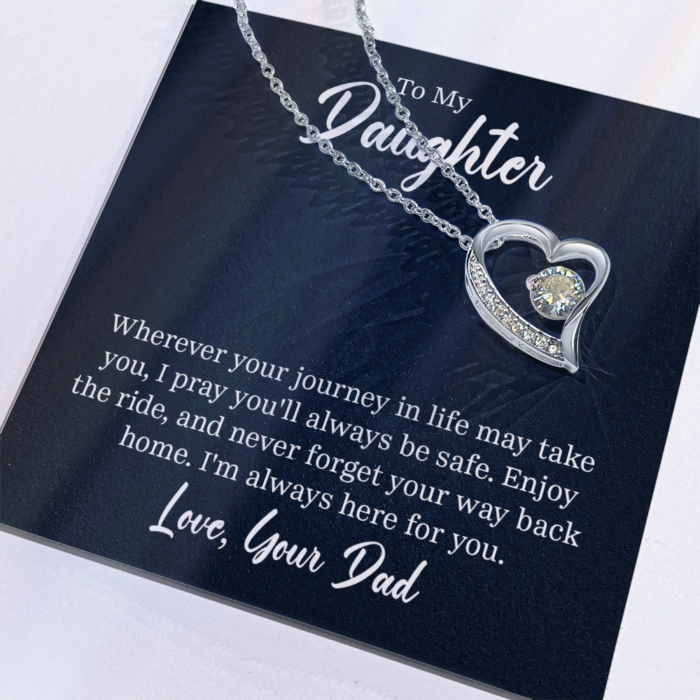 “Forever Love Necklace with heart‑shaped pendant and center stone displayed in gift box with ‘To My Daughter’ message card from Dad.”