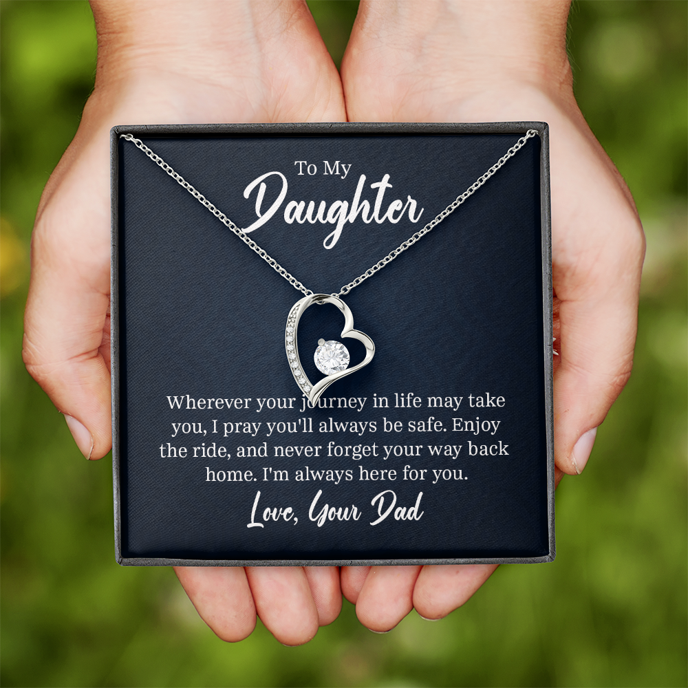 “Forever Love Necklace with heart‑shaped pendant and center stone displayed in gift box with ‘To My Daughter’ message card from Dad.”