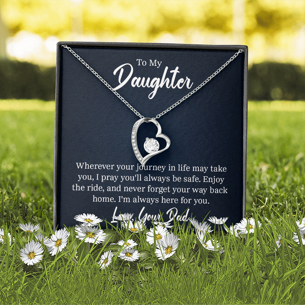 “Forever Love Necklace with heart‑shaped pendant and center stone displayed in gift box with ‘To My Daughter’ message card from Dad.”