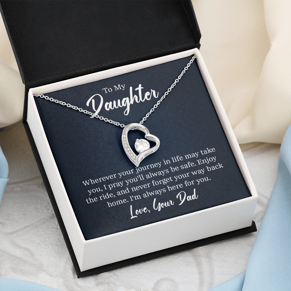“Forever Love Necklace with heart‑shaped pendant and center stone displayed in gift box with ‘To My Daughter’ message card from Dad.”