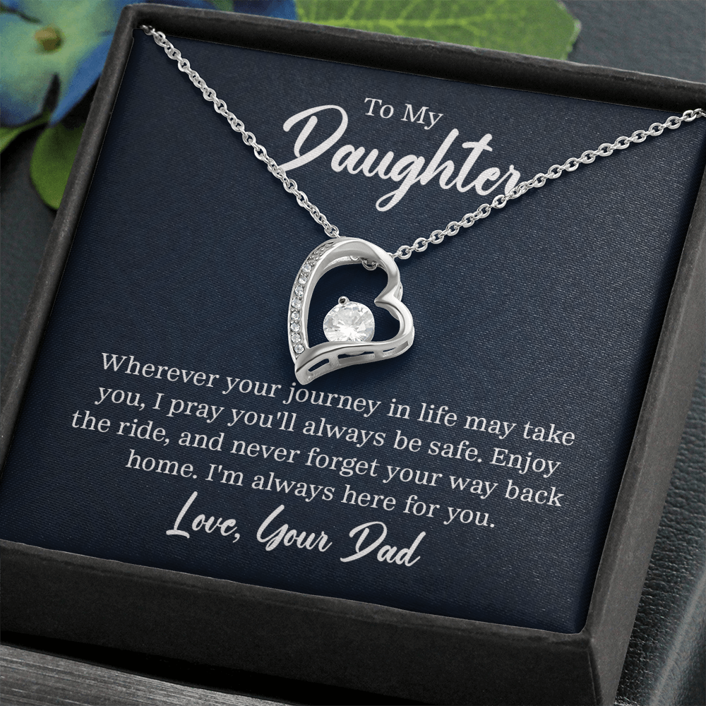“Forever Love Necklace with heart‑shaped pendant and center stone displayed in gift box with ‘To My Daughter’ message card from Dad.”