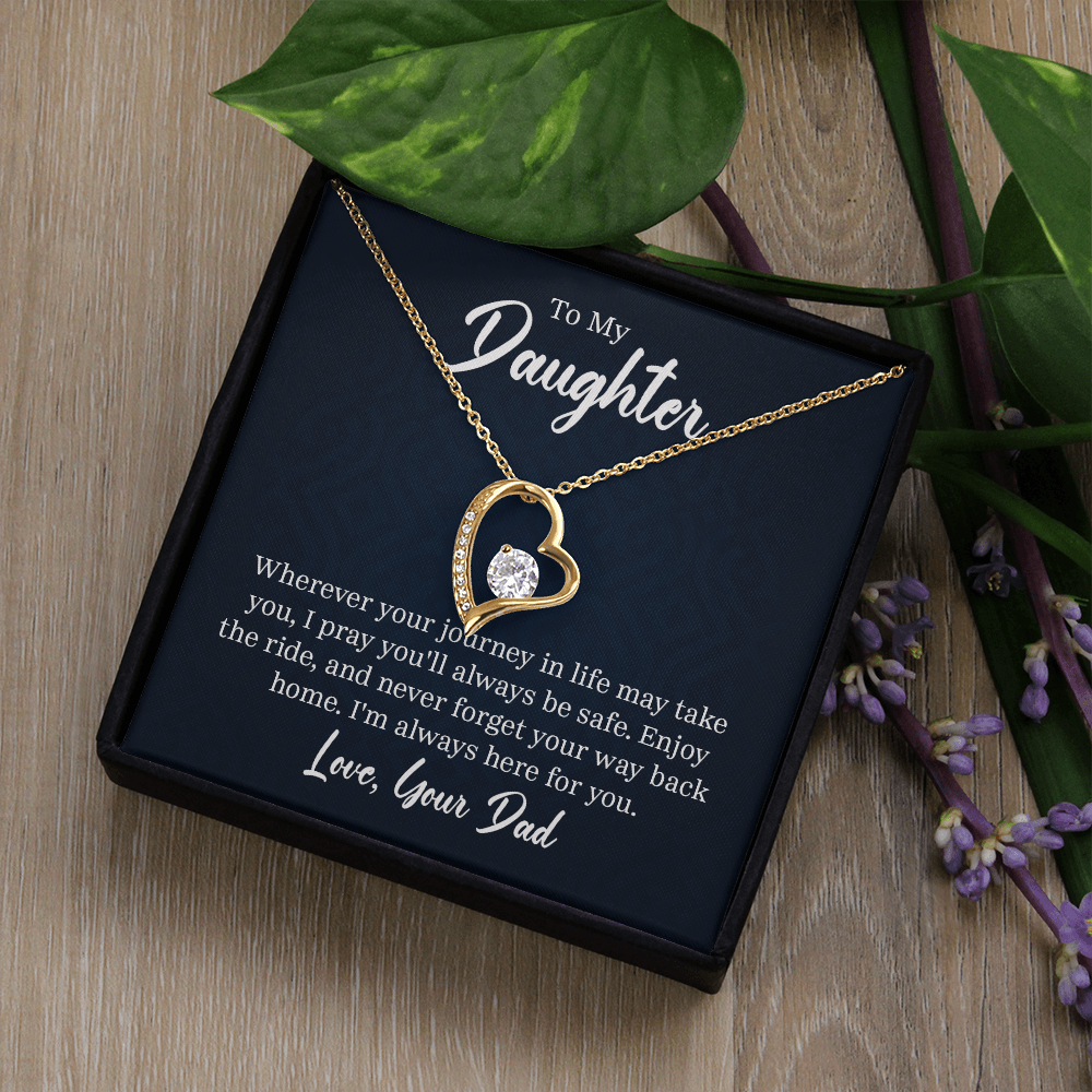 “Forever Love Necklace with heart‑shaped pendant and center stone displayed in gift box with ‘To My Daughter’ message card from Dad.”
