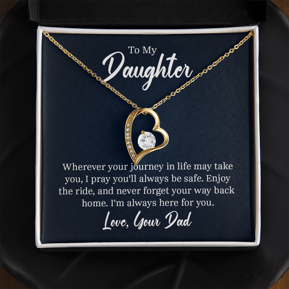 “Forever Love Necklace with heart‑shaped pendant and center stone displayed in gift box with ‘To My Daughter’ message card from Dad.”