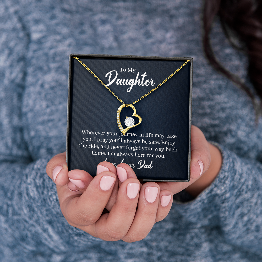 “Forever Love Necklace with heart‑shaped pendant and center stone displayed in gift box with ‘To My Daughter’ message card from Dad.”