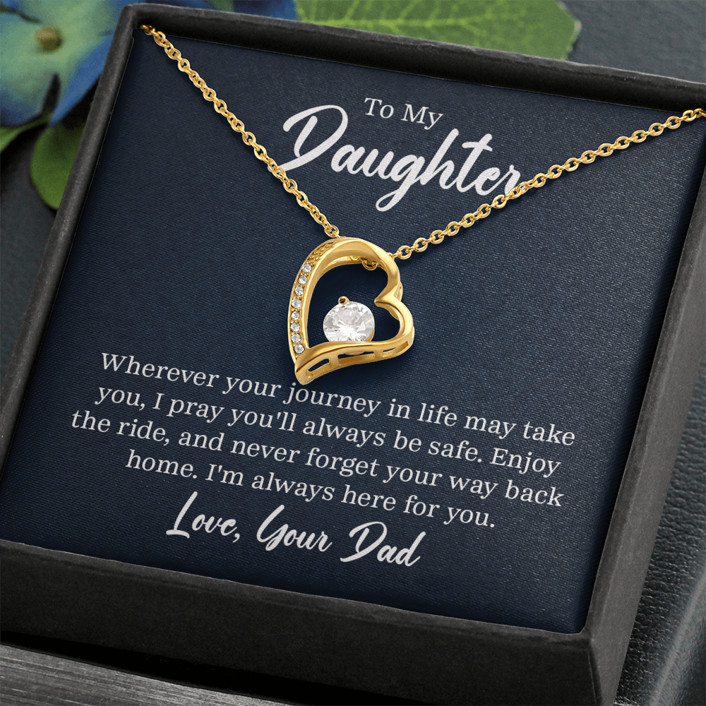 “Forever Love Necklace with heart‑shaped pendant and center stone displayed in gift box with ‘To My Daughter’ message card from Dad.”