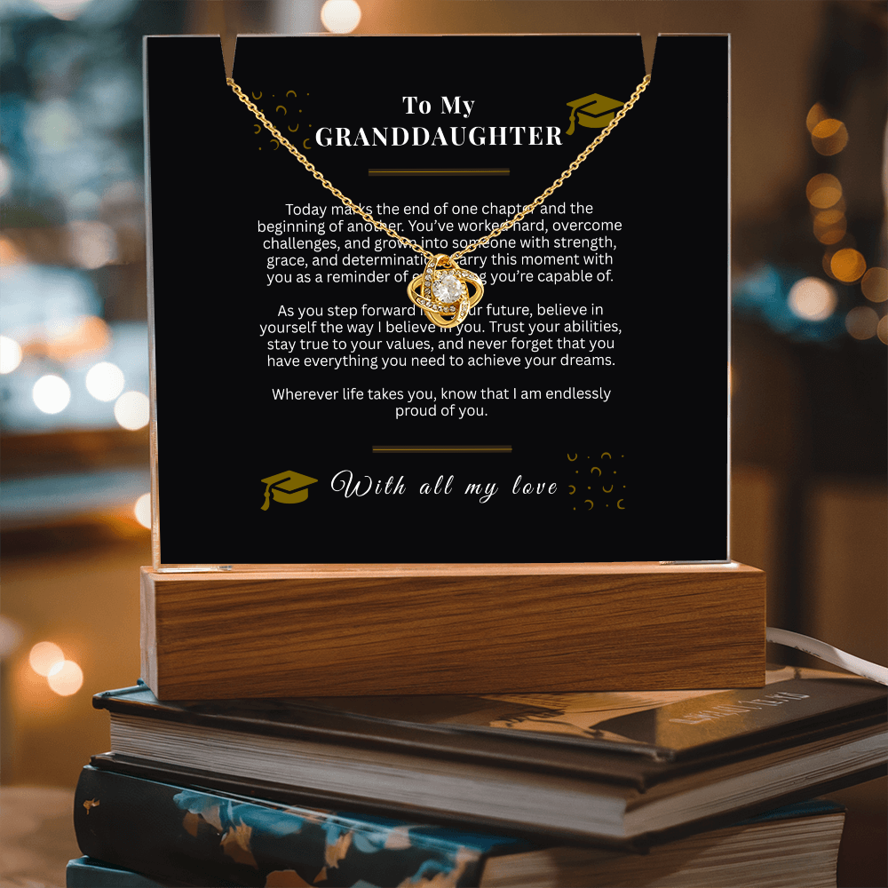To My Granddaughter – Love Knot Necklace & Acrylic LED Light Sign Graduation Gift Bundle