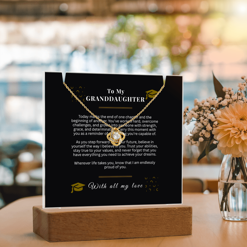 To My Granddaughter – Love Knot Necklace & Acrylic LED Light Sign Graduation Gift Bundle