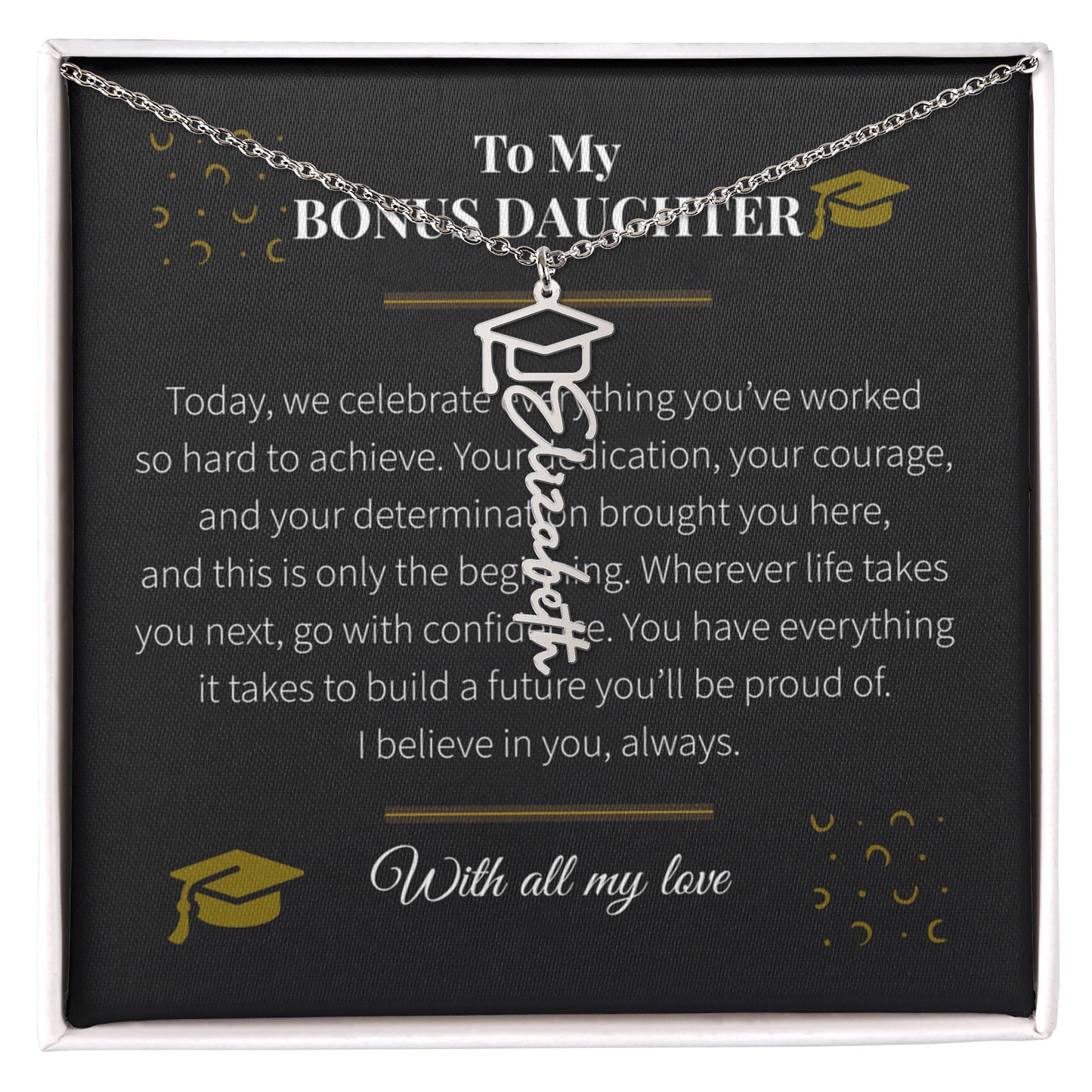 Custom Name Necklace – Graduation Cap Edition | Personalized Graduation Gift for Bonus Daughter