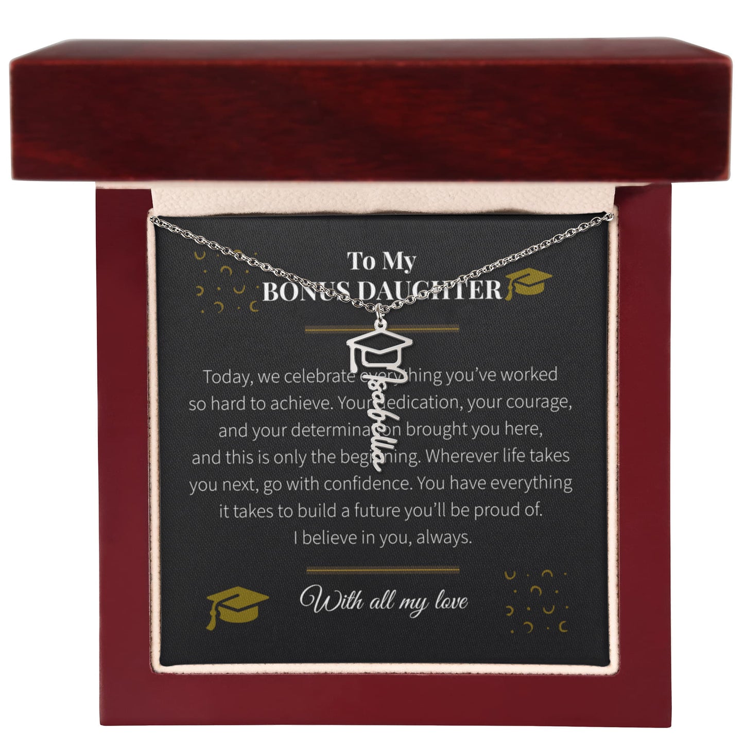 Custom Name Necklace – Graduation Cap Edition | Personalized Graduation Gift for Bonus Daughter