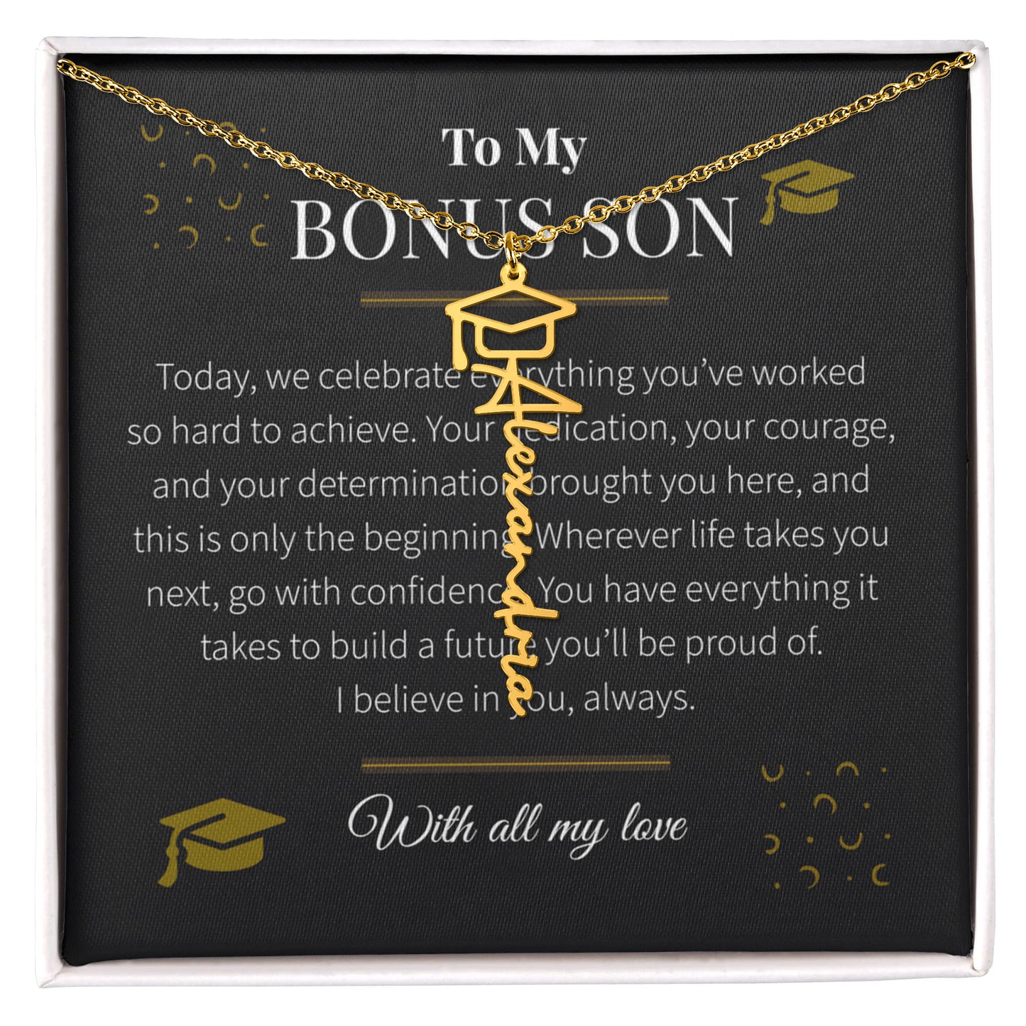 Custom Name Necklace – Graduation Cap Edition | Personalized Graduation Gift for Bonus Son