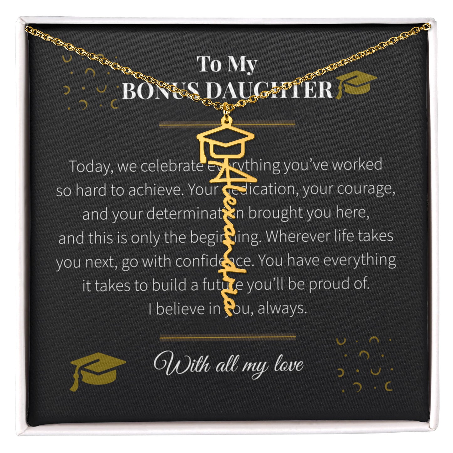 Custom Name Necklace – Graduation Cap Edition | Personalized Graduation Gift for Bonus Daughter