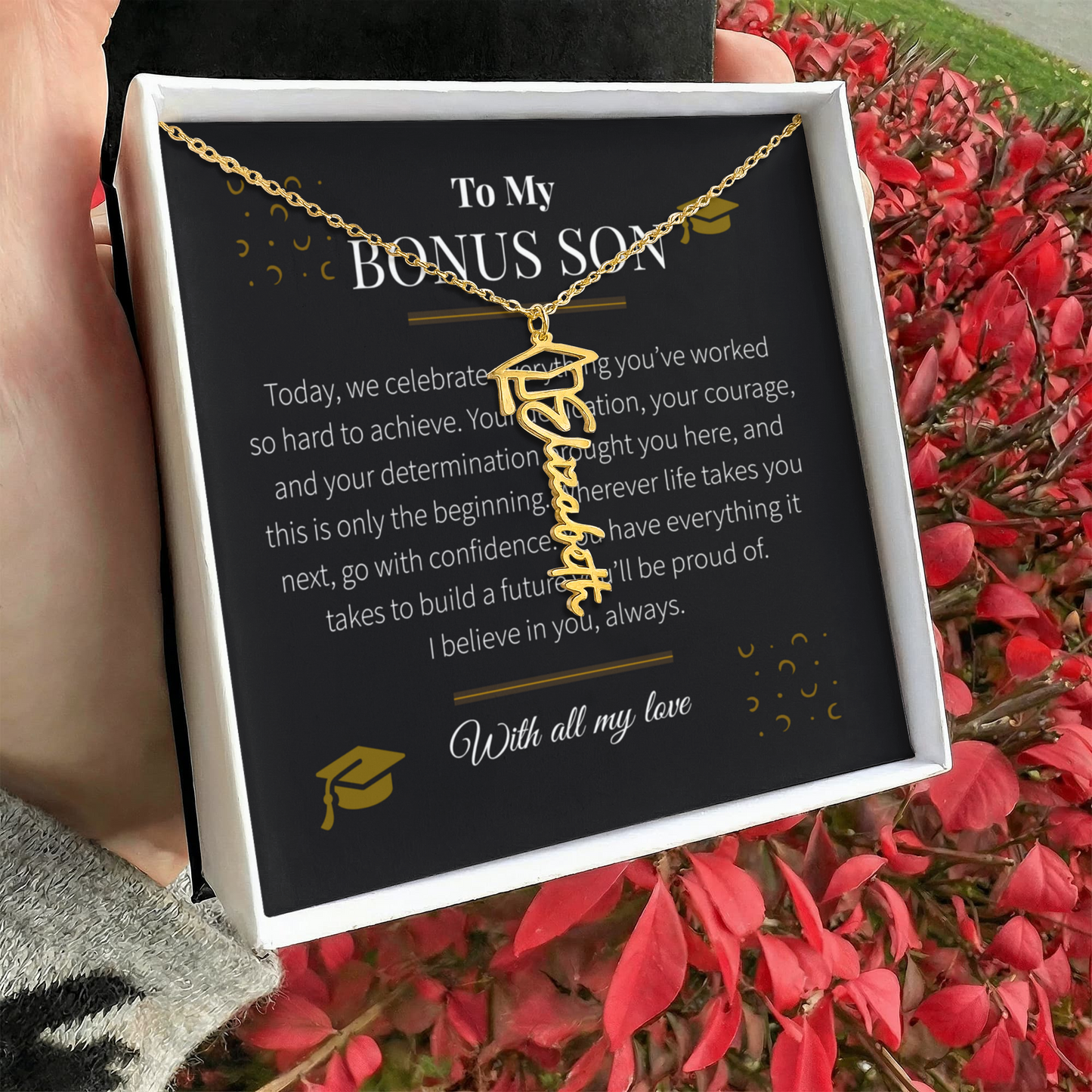 Custom Name Necklace – Graduation Cap Edition | Personalized Graduation Gift for Bonus Son